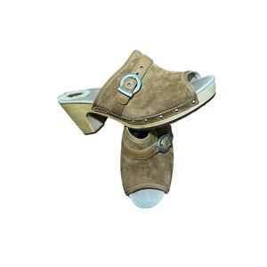 UGG "Katherine" brown suede open-toe clogs tan mid-block heel fur lining Size 10